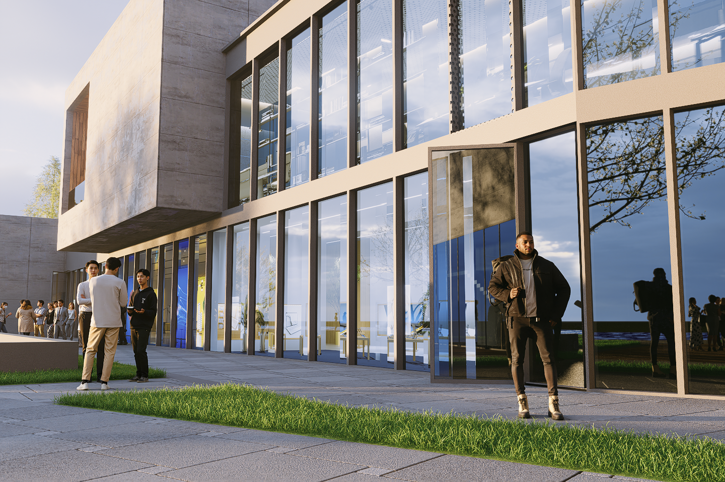 Street-level view of The Meridian Pavilion retail entrance with concrete volumes and full-height glazing