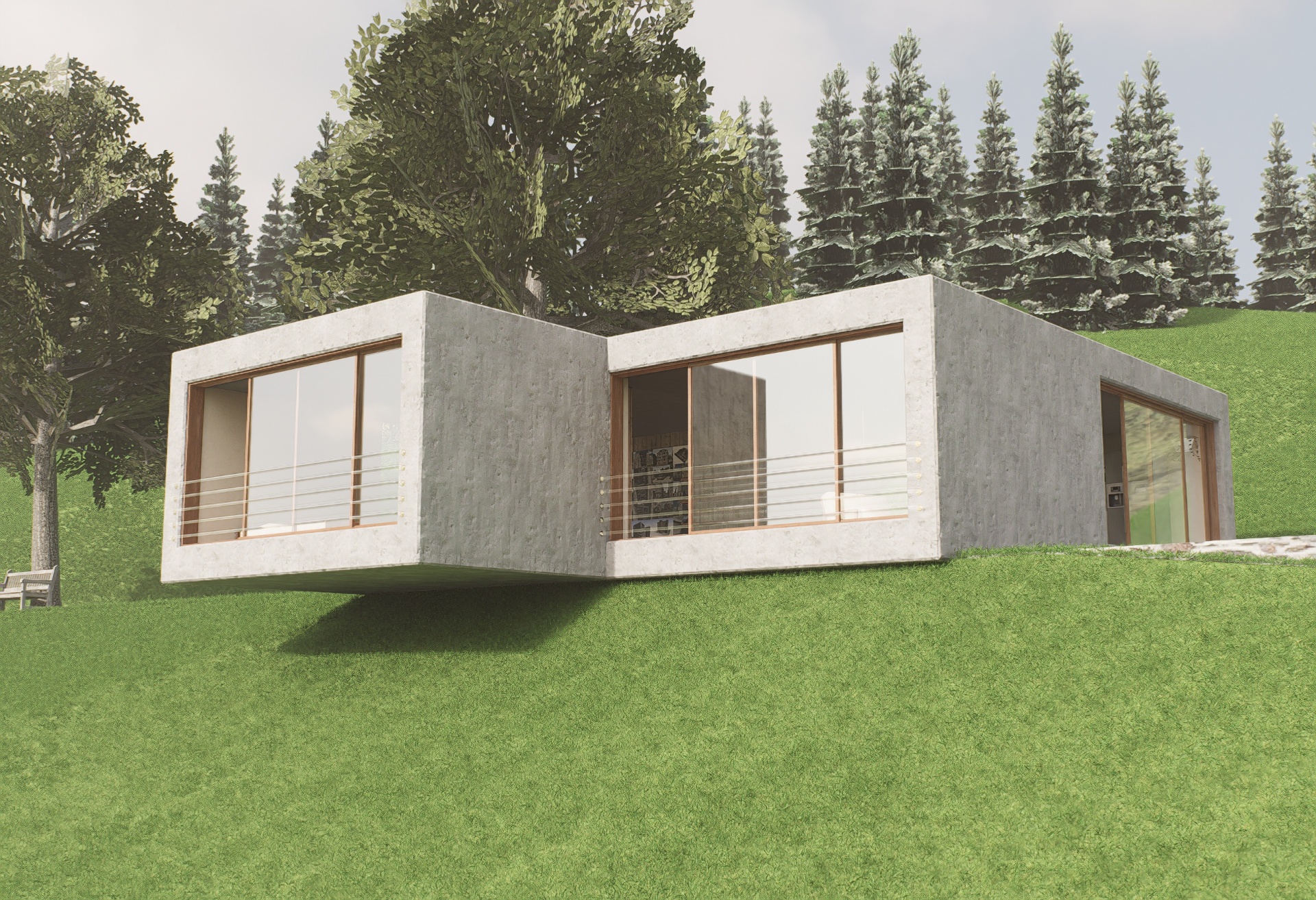 Concrete pavilion house cantilevered over a forested hillside with full-height glazing