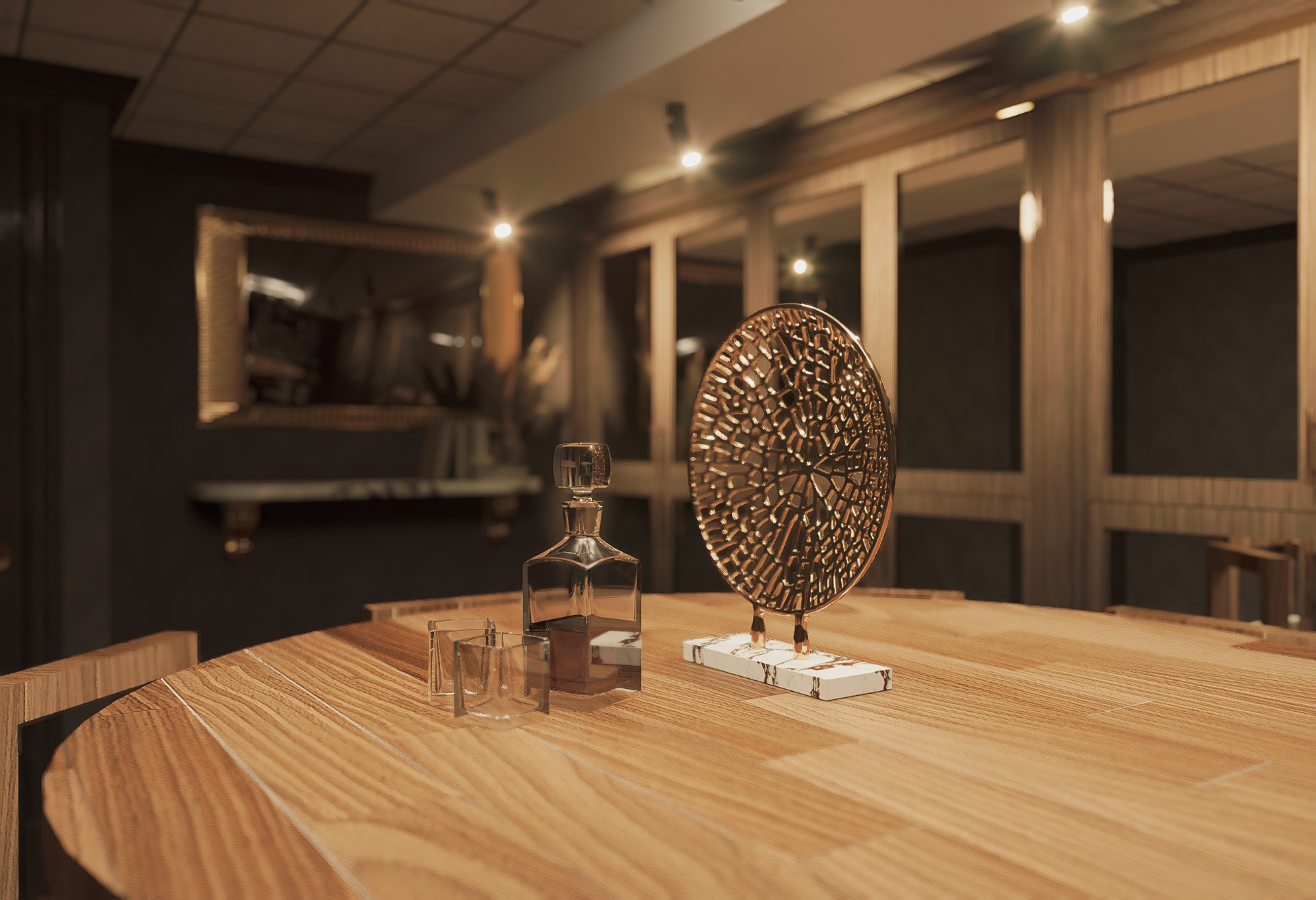 Detail view of the private whiskey lounge — round wood table with crystal decanter and gilded centerpiece