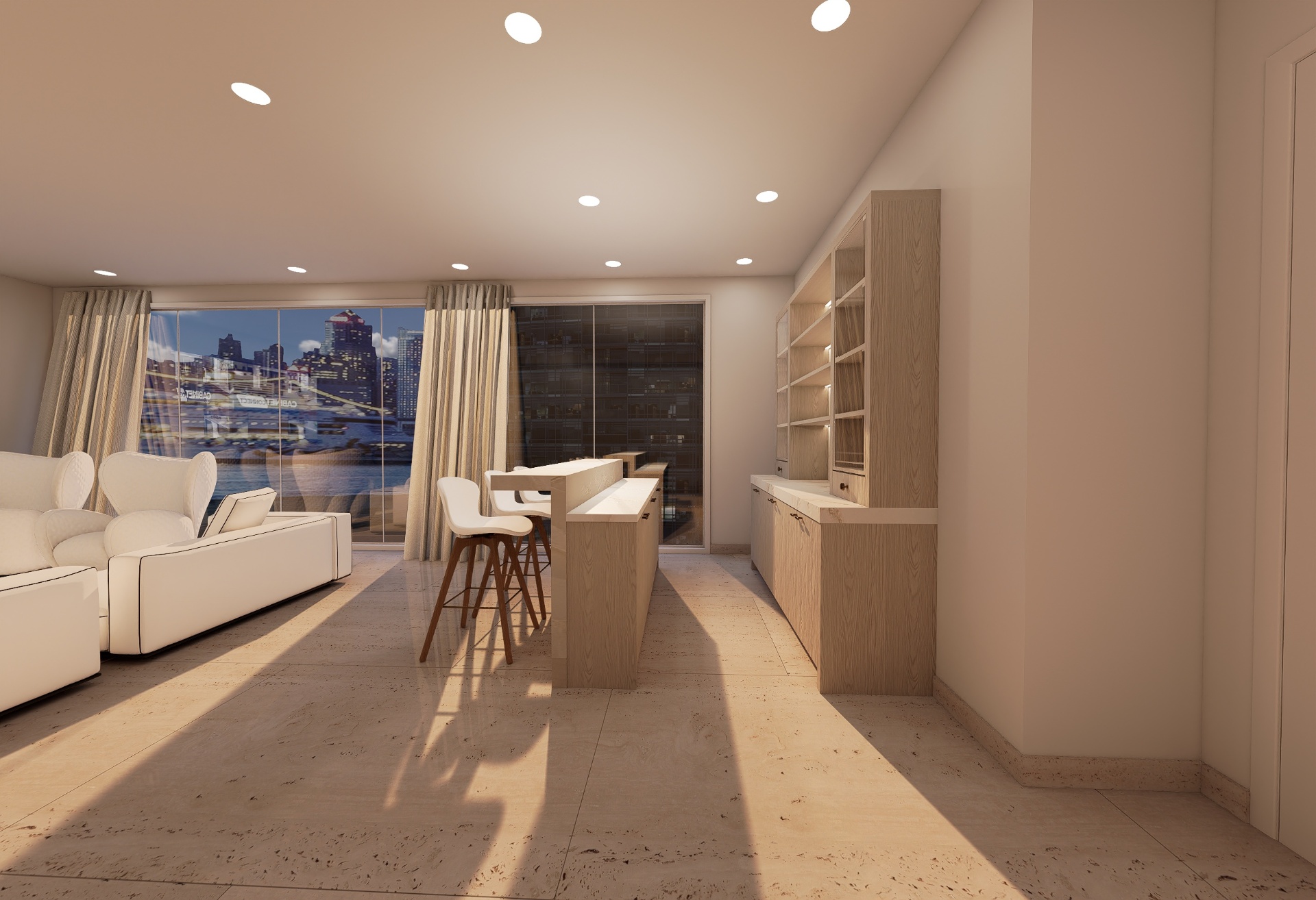 Aventura waterfront residence living space with custom bar, millwork cabinetry, and city skyline views