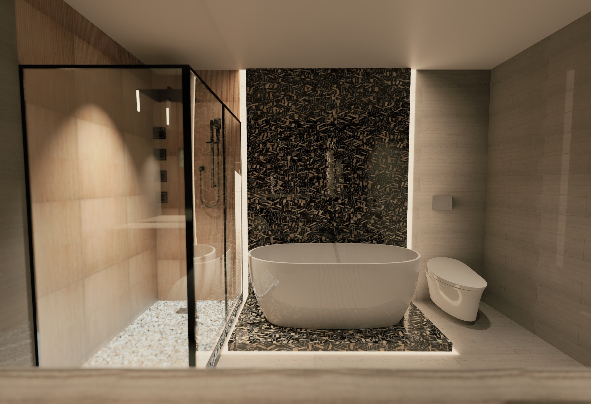 Luxury bathroom with freestanding tub, terrazzo feature wall, and glass-enclosed walk-in shower