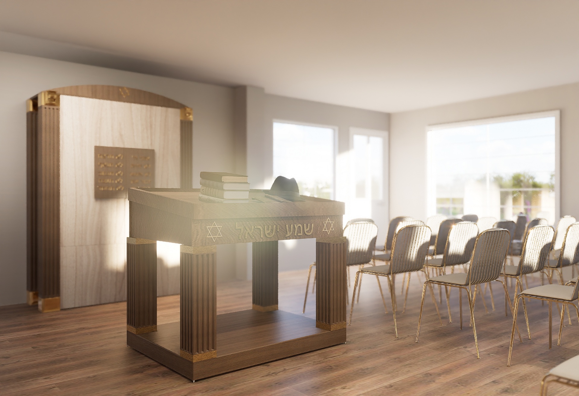 Interior view of the Chabad of Delray sanctuary with custom Aron Hakodesh and Tevah