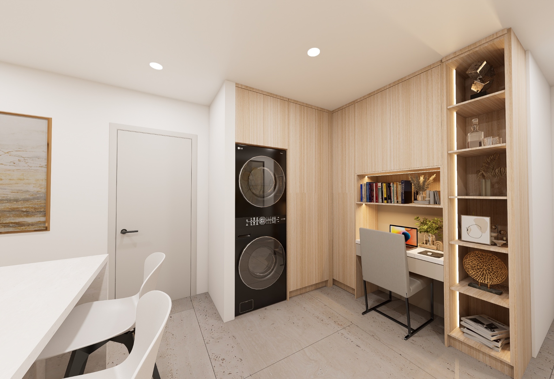North Miami Beach apartment interior with home office nook, custom oak millwork, and stacked laundry