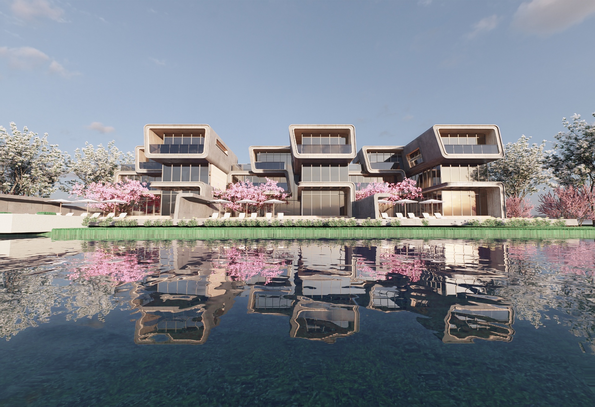 Bayfront modern residences reflected in the water with cherry blossoms and sculptural concrete volumes