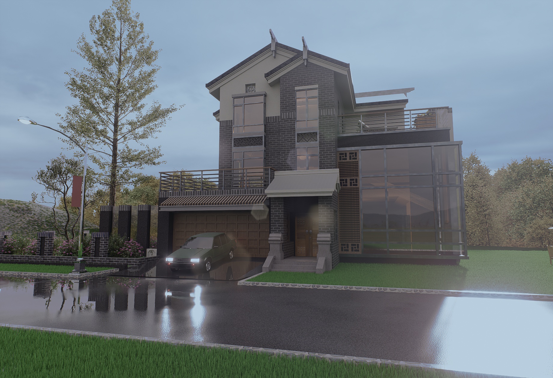 Contemporary hillside residence with layered brick and plaster façade at dusk